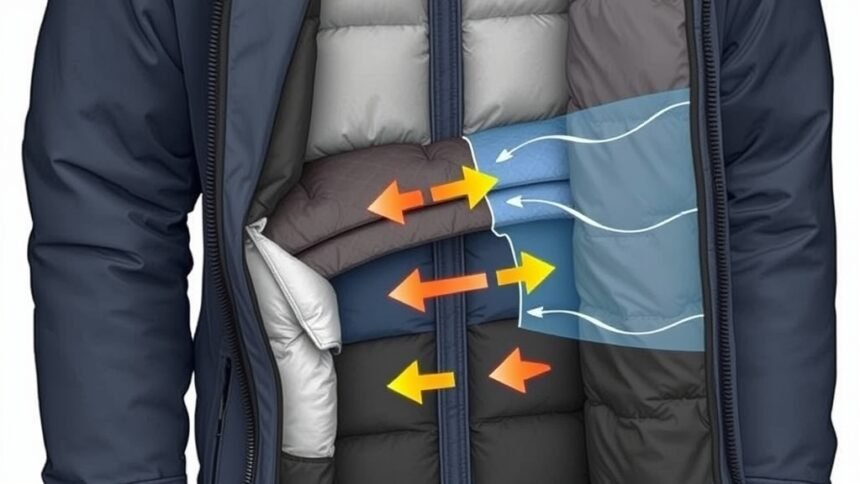 A detailed illustration of the cross-section of a winter jacket, showing the different layers of insulation and materials, with arrows indicating the flow of heat and cold air.