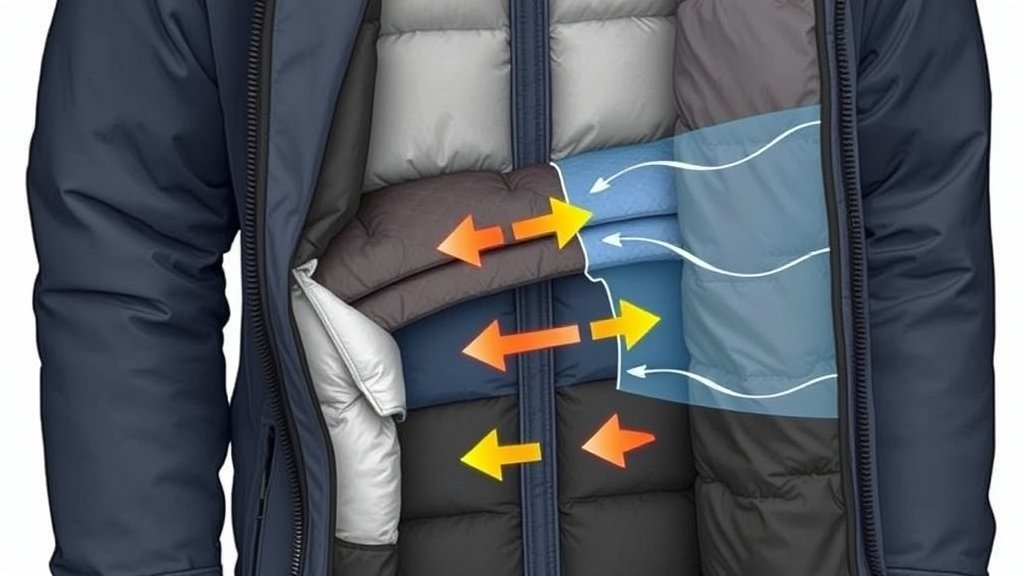 A detailed illustration of the cross-section of a winter jacket, showing the different layers of insulation and materials, with arrows indicating the flow of heat and cold air.