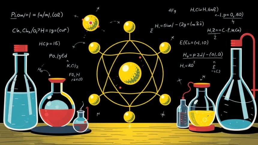An illustration of a hydrogen atom with its proton and electron, surrounded by scientific equipment and formulas, representing the precise testing of its properties.
