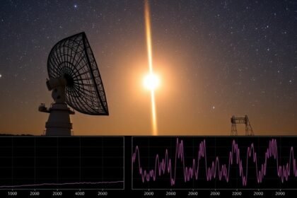 An image of the Giant Metrewave Radio Telescope (GMRT) in India, with a pulsar star in the background, and a graph showing the timing data with glitches.