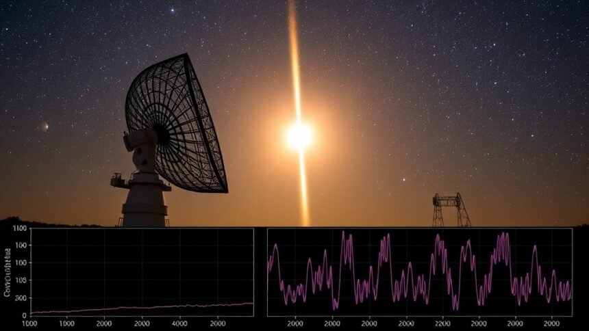 An image of the Giant Metrewave Radio Telescope (GMRT) in India, with a pulsar star in the background, and a graph showing the timing data with glitches.