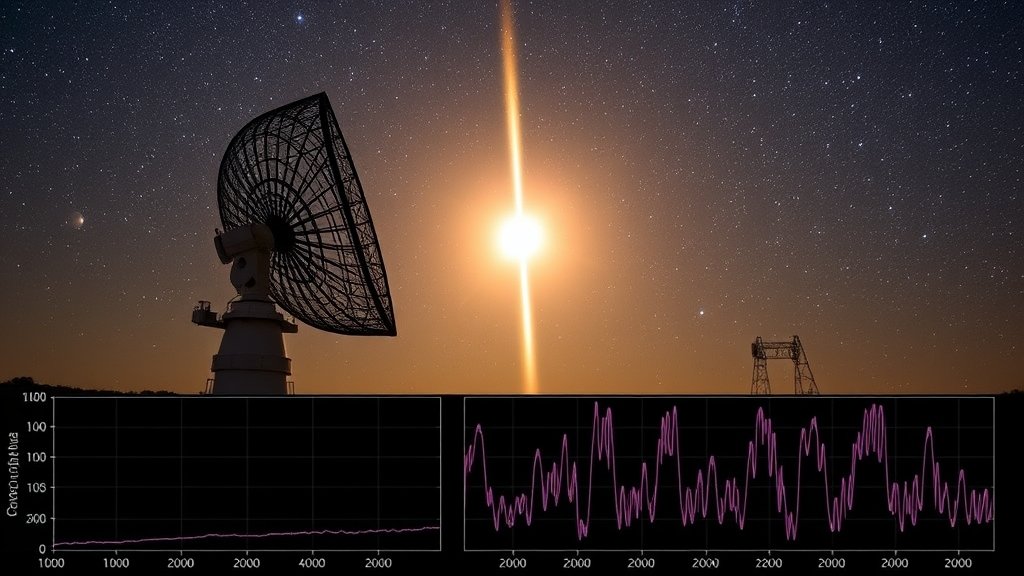 An image of the Giant Metrewave Radio Telescope (GMRT) in India, with a pulsar star in the background, and a graph showing the timing data with glitches.