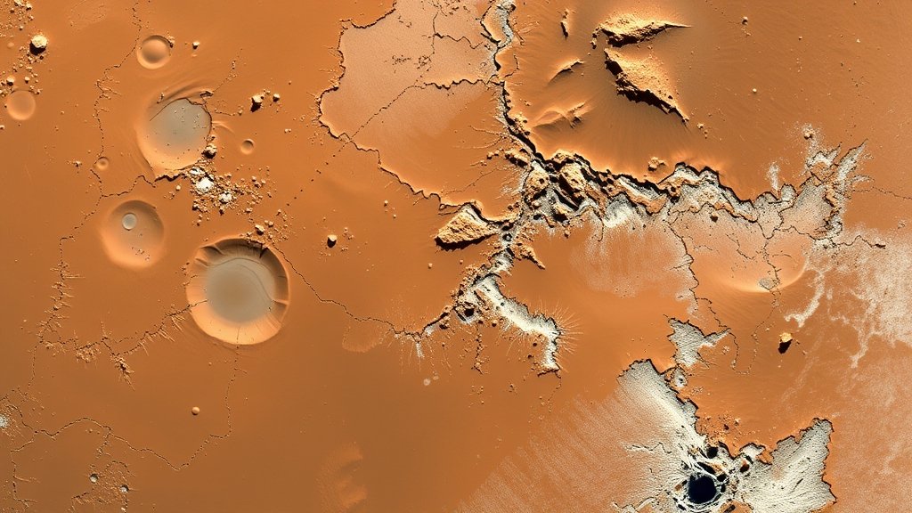 A high-resolution image of Mars' surface showing signs of a recent ice age, with frosty terrain and frozen lakes, taken by a spacecraft like the Mars Reconnaissance Orbiter or the European Space Agency's Mars Express.