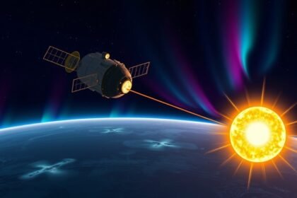An illustration of the Solar Orbiter spacecraft observing a sunspot on the surface of the Sun, with a vibrant aurora display in the background, set against a dark blue space environment.