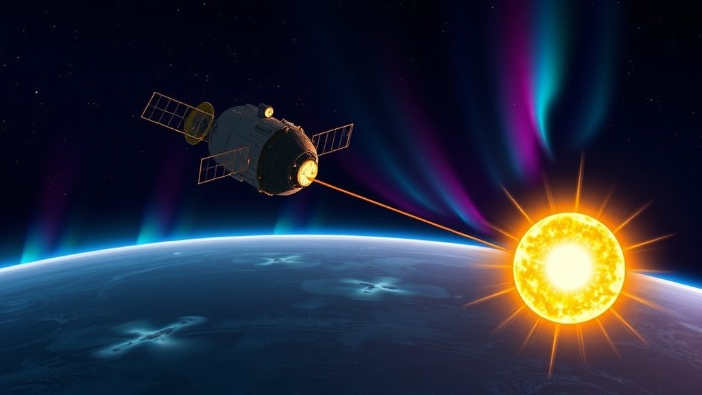 An illustration of the Solar Orbiter spacecraft observing a sunspot on the surface of the Sun, with a vibrant aurora display in the background, set against a dark blue space environment.