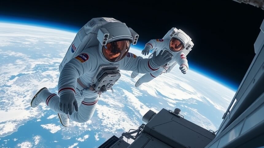 An image of NASA astronauts performing a spacewalk outside the International Space Station, with the Earth visible in the background.