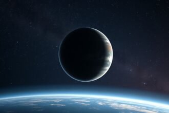 An artist's illustration of a free-floating exoplanet in the Milky Way galaxy, with a dark background and stars shining in the distance