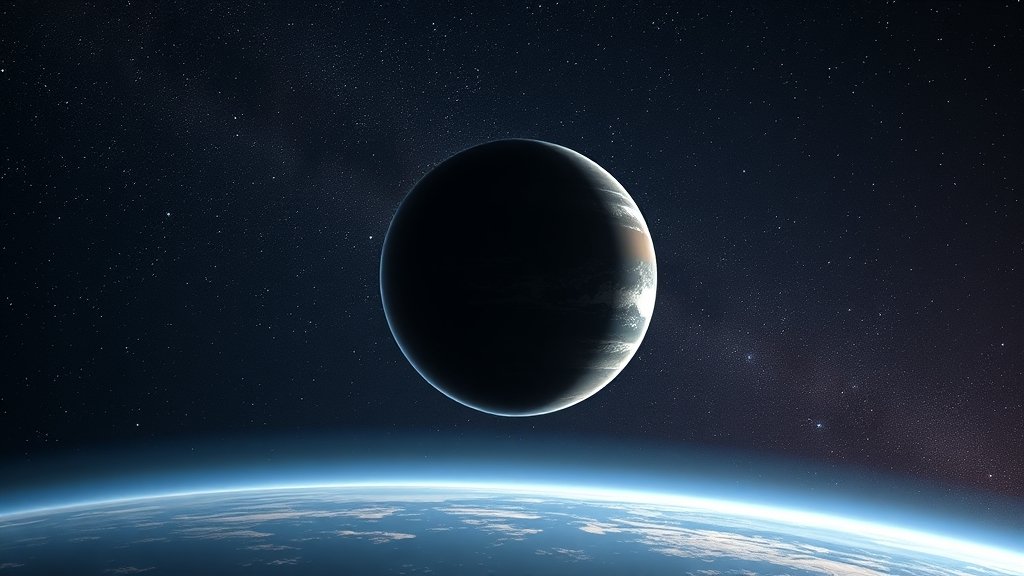 An artist's illustration of a free-floating exoplanet in the Milky Way galaxy, with a dark background and stars shining in the distance