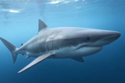 A majestic Greenland shark swimming in the Arctic waters, with a subtle hint of its massive size and a glimpse of its ancient, wise eyes.