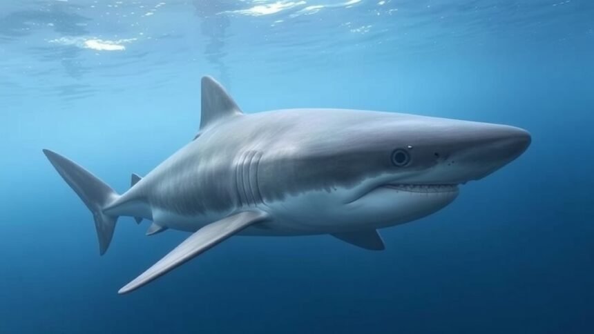 A majestic Greenland shark swimming in the Arctic waters, with a subtle hint of its massive size and a glimpse of its ancient, wise eyes.