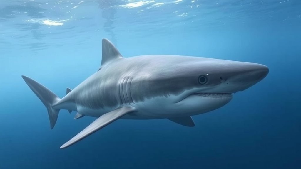 A majestic Greenland shark swimming in the Arctic waters, with a subtle hint of its massive size and a glimpse of its ancient, wise eyes.