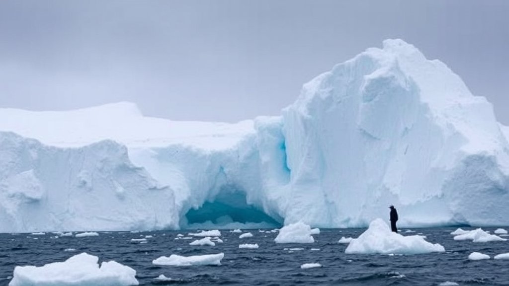 A dramatic image of Antarctica's ice sheet collapsing, with massive chunks of ice breaking off into the ocean, and a subtle background of a researcher or scientist studying the phenomenon.