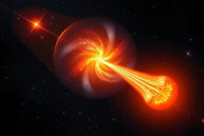 An illustration of a galaxy cluster with hot intracluster gas, emitting X-rays and detected through the Sunyaev-Zeldovich effect, set against a deep space background with stars and galaxies.