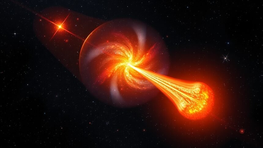 An illustration of a galaxy cluster with hot intracluster gas, emitting X-rays and detected through the Sunyaev-Zeldovich effect, set against a deep space background with stars and galaxies.