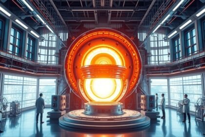 a high-tech laboratory with a large, glowing fusion reactor at its center, surrounded by scientists and engineers in white coats, with a cityscape or landscape visible through the windows in the background, symbolizing the potential of fusion energy to power the future