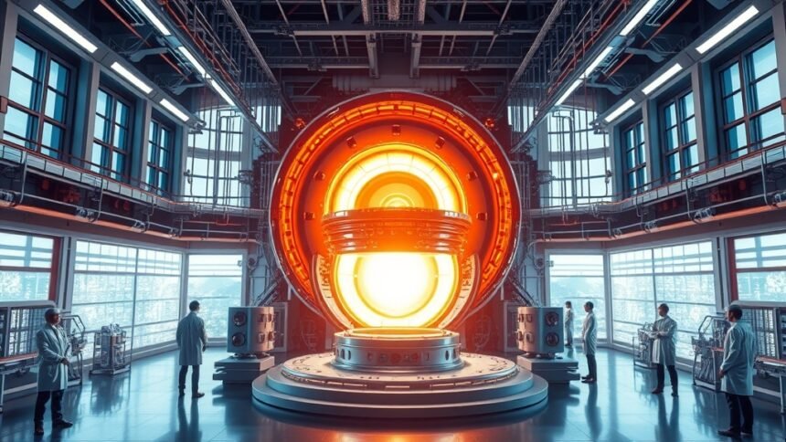 a high-tech laboratory with a large, glowing fusion reactor at its center, surrounded by scientists and engineers in white coats, with a cityscape or landscape visible through the windows in the background, symbolizing the potential of fusion energy to power the future