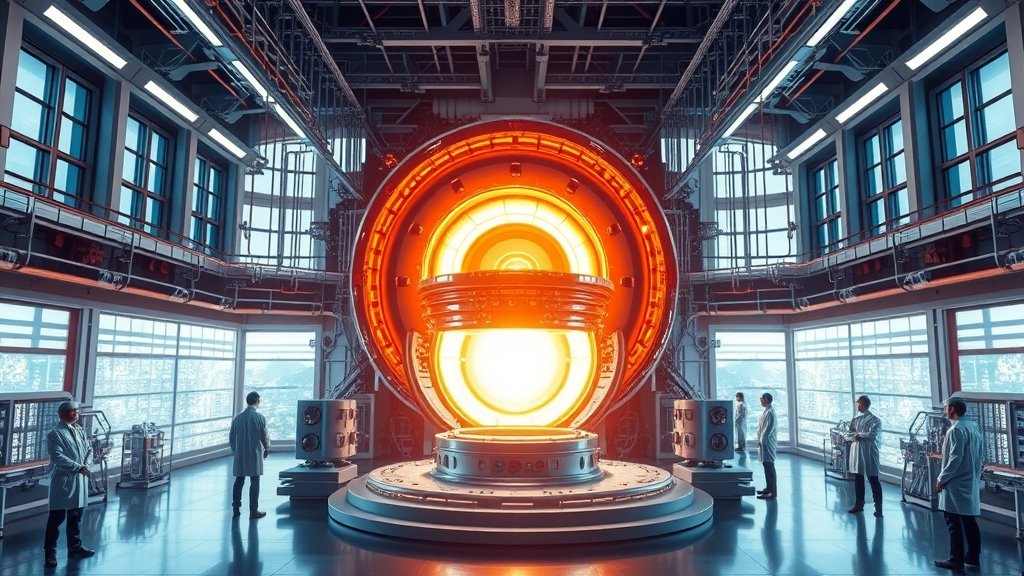 a high-tech laboratory with a large, glowing fusion reactor at its center, surrounded by scientists and engineers in white coats, with a cityscape or landscape visible through the windows in the background, symbolizing the potential of fusion energy to power the future