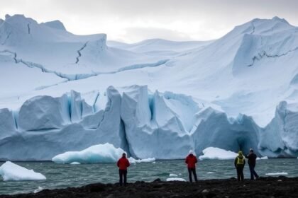 A dramatic image of a glacier in Greenland with large cracks and icebergs breaking off into the ocean, with a research team in the foreground collecting data.