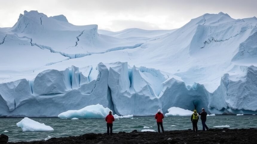 A dramatic image of a glacier in Greenland with large cracks and icebergs breaking off into the ocean, with a research team in the foreground collecting data.