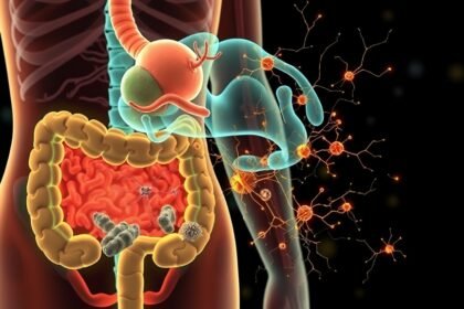 An illustration of the human gut and brain with microbes and neurons interacting, highlighting the connection between the gut microbiome and brain development.