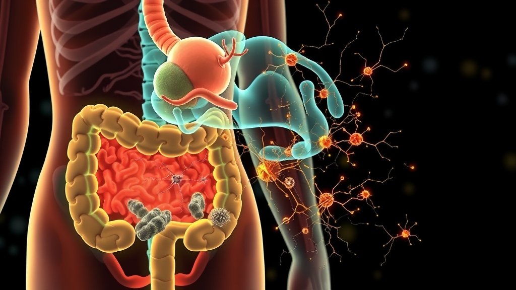 An illustration of the human gut and brain with microbes and neurons interacting, highlighting the connection between the gut microbiome and brain development.
