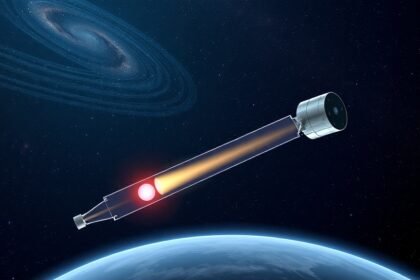 An illustration of the IXPE spacecraft measuring a white dwarf star, with a background of stars and galaxies.