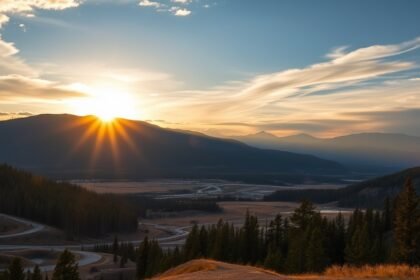 A dramatic photo of Yellowstone National Park with a subtle hint of seismic activity, such as a slight tremor or a small earthquake in the background, with the sun setting behind the mountains.