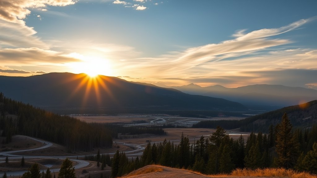 A dramatic photo of Yellowstone National Park with a subtle hint of seismic activity, such as a slight tremor or a small earthquake in the background, with the sun setting behind the mountains.