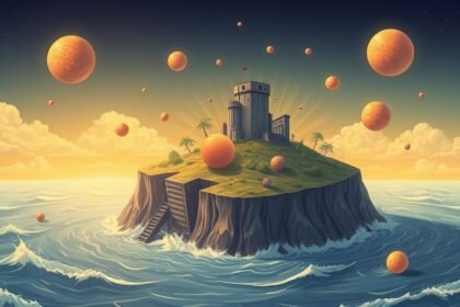 An illustration of a nuclear island with protons and neutrons, surrounded by a sea of uncertainty, with a few magic numbers floating in the air.