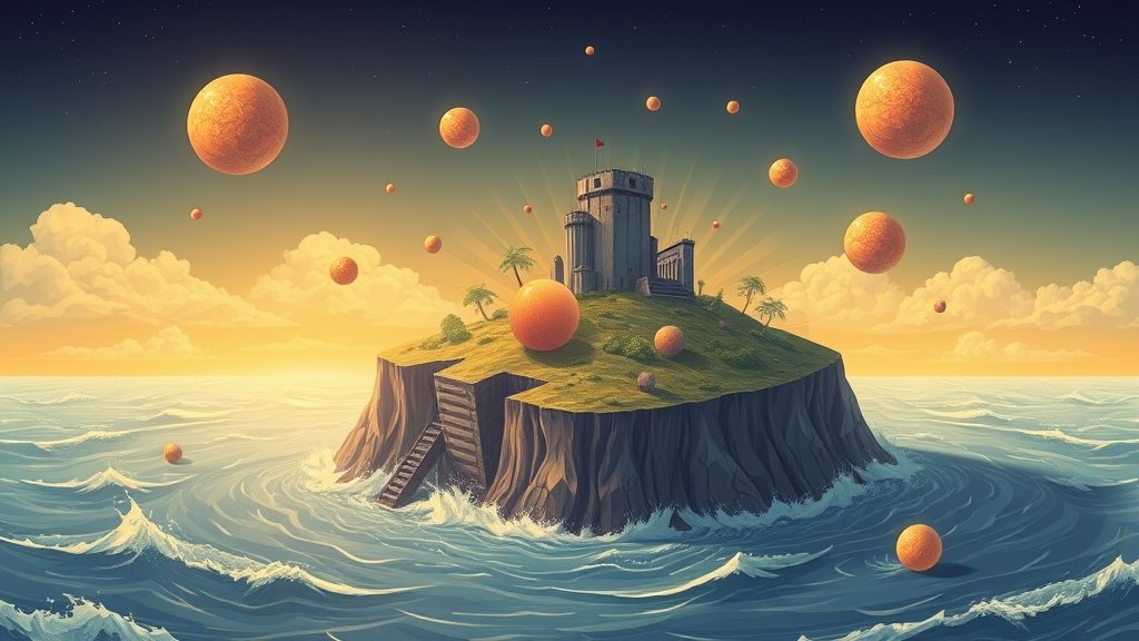 An illustration of a nuclear island with protons and neutrons, surrounded by a sea of uncertainty, with a few magic numbers floating in the air.