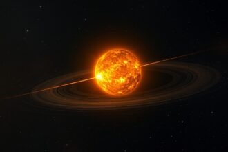 An artist's impression of the star Betelgeuse and its companion star, with a subtle wake or bow shock visible in the surrounding interstellar medium.