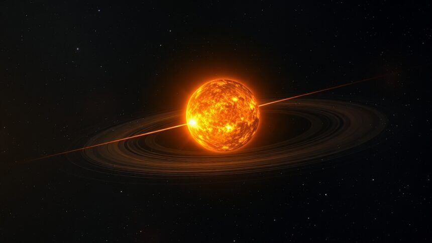 An artist's impression of the star Betelgeuse and its companion star, with a subtle wake or bow shock visible in the surrounding interstellar medium.