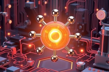 An illustration of a metal-metal bonded molecule with a stable spin qubit state, surrounded by quantum computing circuitry and materials science equipment