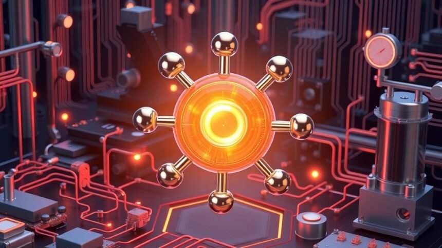 An illustration of a metal-metal bonded molecule with a stable spin qubit state, surrounded by quantum computing circuitry and materials science equipment