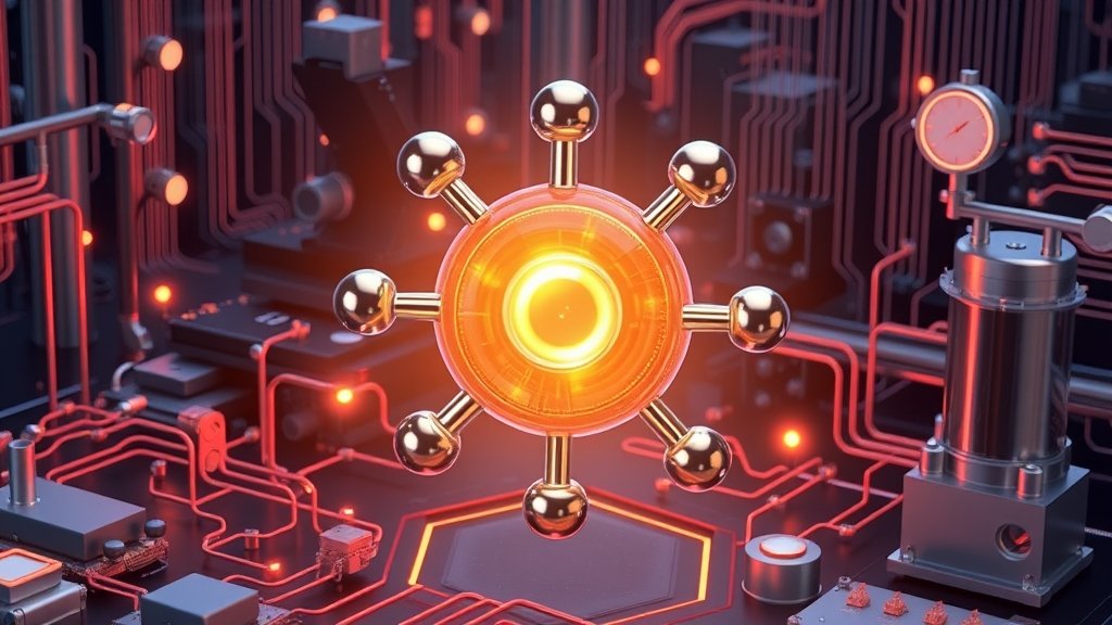 An illustration of a metal-metal bonded molecule with a stable spin qubit state, surrounded by quantum computing circuitry and materials science equipment