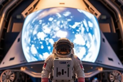 A realistic image of a person wearing a spacesuit, standing in front of a spaceship, with a huge screen behind displaying the Earth from space, at the Kennedy Space Center Visitor Complex.