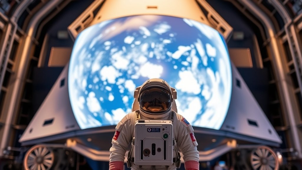 A realistic image of a person wearing a spacesuit, standing in front of a spaceship, with a huge screen behind displaying the Earth from space, at the Kennedy Space Center Visitor Complex.