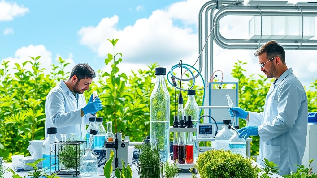 A laboratory setup showing scientists working with microorganisms and equipment to convert CO2 into useful chemicals, with a background of green plants and a blue sky to represent a sustainable future.