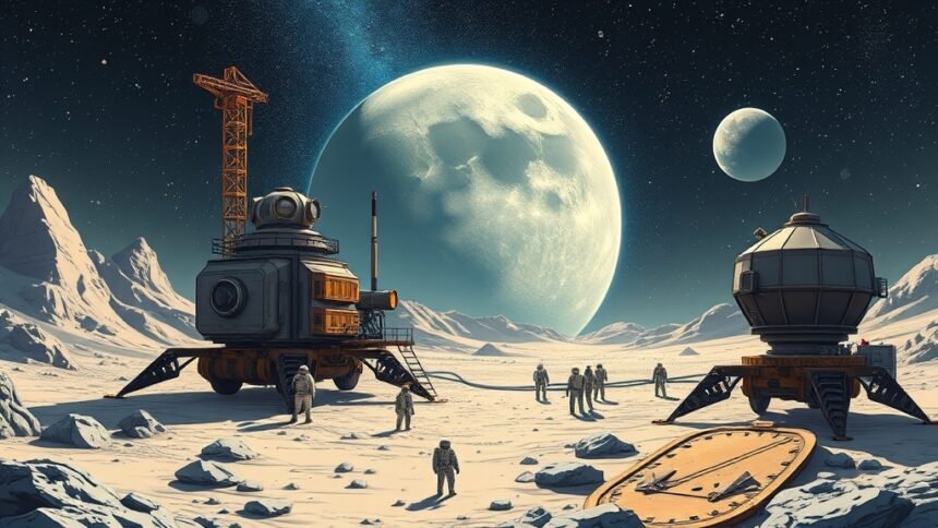 An illustration of a futuristic lunar base with mining equipment and astronauts in the background, set against a stunning starscape.