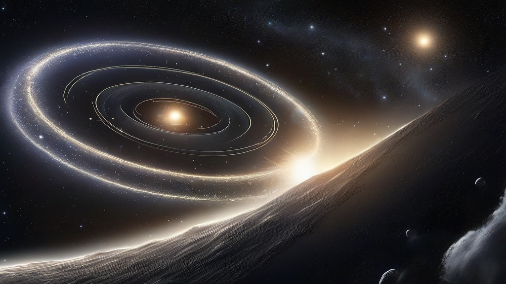 An illustration of dark matter interacting with ghost particles in the vastness of space, with a hint of galaxy clusters and cosmic radiation in the background