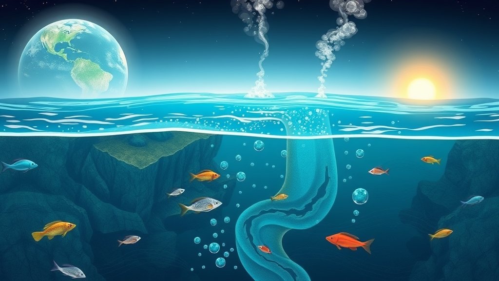 An illustration of the Earth's seafloor with cracks and bubbles emitting gases, surrounded by marine life and a subtle background of the Earth's atmosphere, conveying the balance between geological processes and the health of the planet.