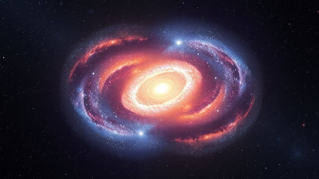 An illustration of a massive galaxy in the early universe, with vibrant colors and stars, surrounded by a vast expanse of space, representing the discovery of hidden lives of ultramassive galaxies by astronomers at the W. M. Keck Observatory