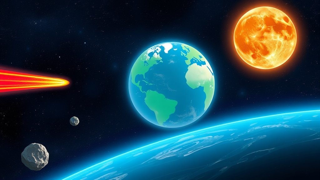 An illustration of a comet, asteroid, and planet in the vicinity of Earth, with water molecules highlighted in the atmosphere and oceans.