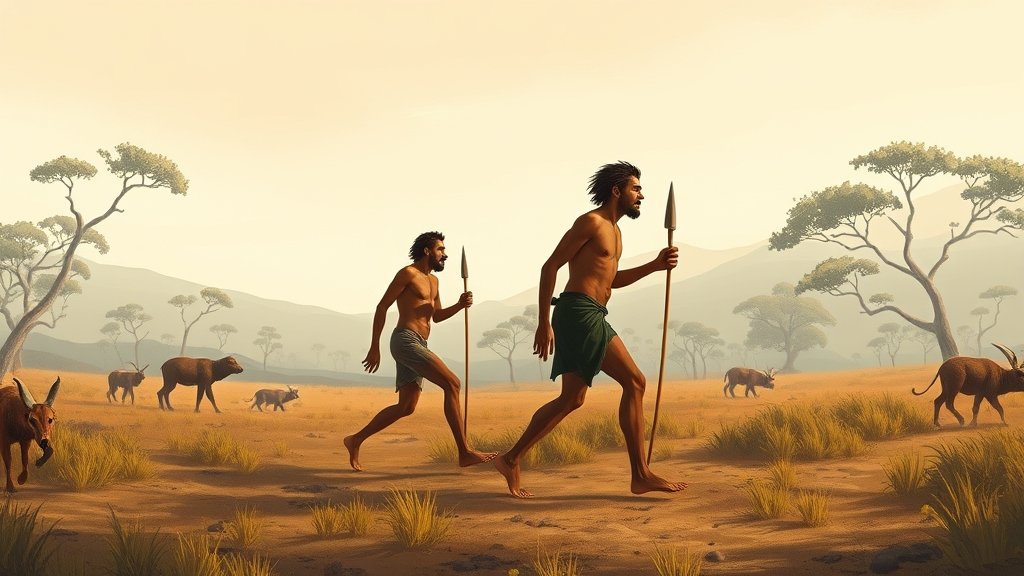 An illustration of early human ancestors walking on two legs in a prehistoric landscape with a subtle background of trees and animals