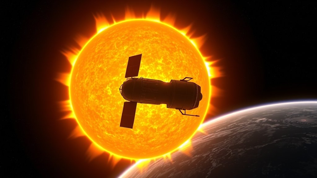 An illustration of the Aditya-L1 spacecraft in orbit around the Sun, with the solar corona visible in the background, and the Earth in the distance.