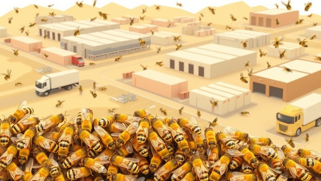 An illustration of a bee colony with a mix of bees, trucks, and warehouses in the background, symbolizing the integration of artificial bee colony algorithm with path relinking strategy for distributed no-wait flow-shop scheduling and vehicle routing problem.