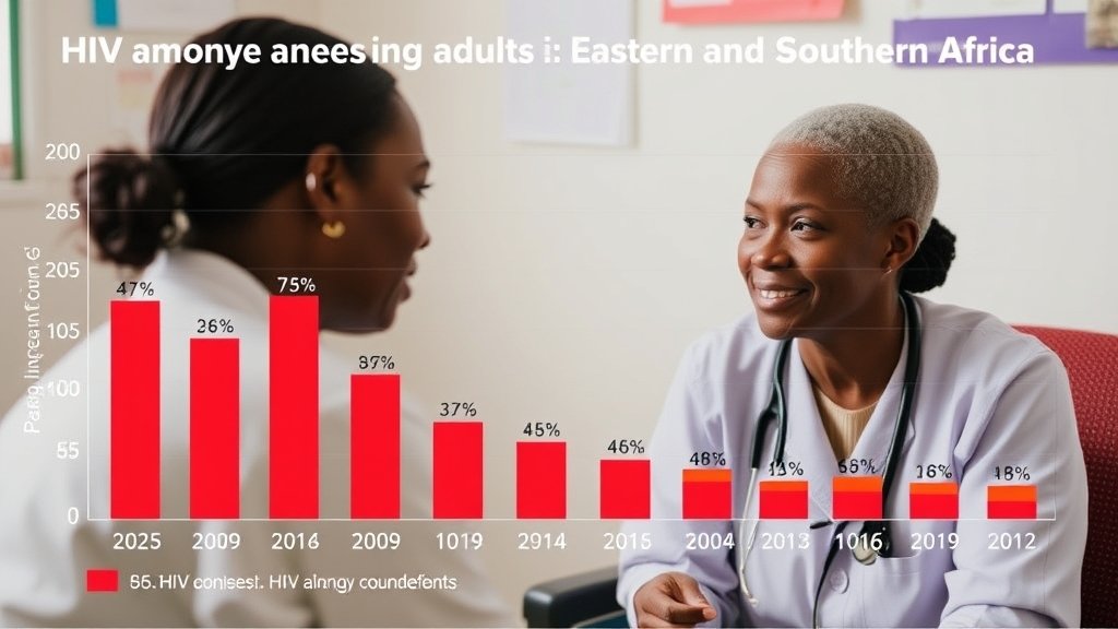 A graph showing the prevalence of HIV among adults in Eastern and Southern Africa, with a background image of a healthcare worker providing counseling to a patient.