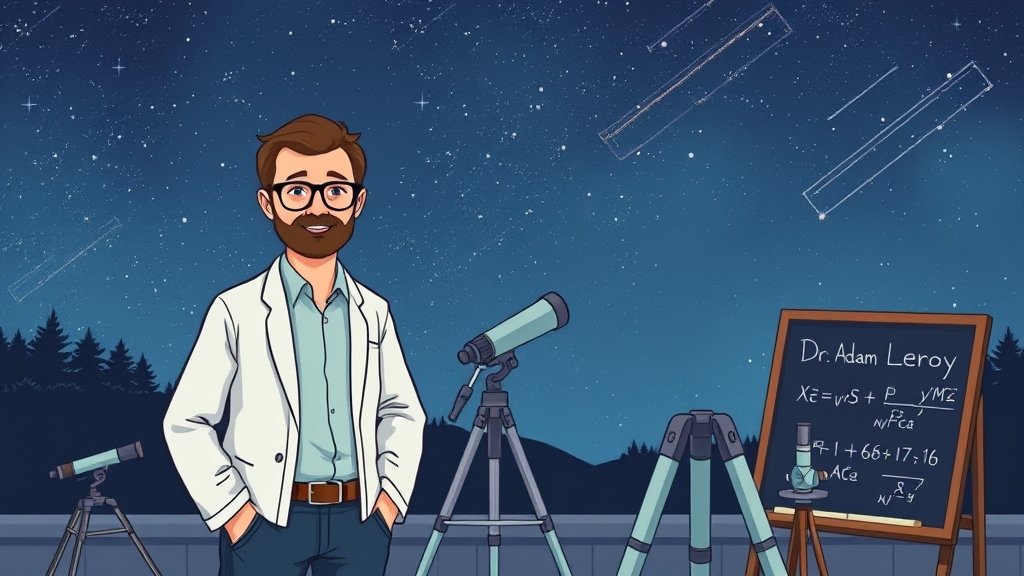 An illustration of Dr. Adam Leroy standing in front of a telescope, with a starry night sky in the background, and a few astronomical instruments and equations on a blackboard nearby.