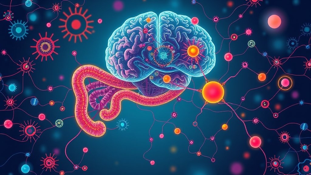 An illustration of the human gut and brain connected, with microbes and neurons interacting in a colorful and dynamic way