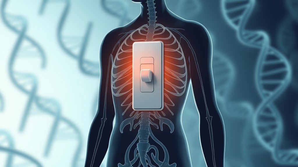 An illustration of a human body with a switch or a button that controls longevity, with a subtle background of DNA helices or cells.
